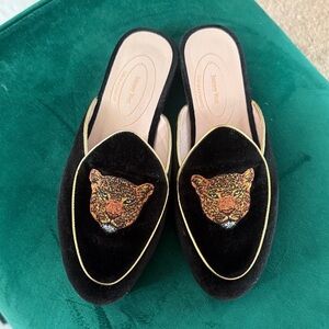 Black Velvet Mules with Leopard Embroidery